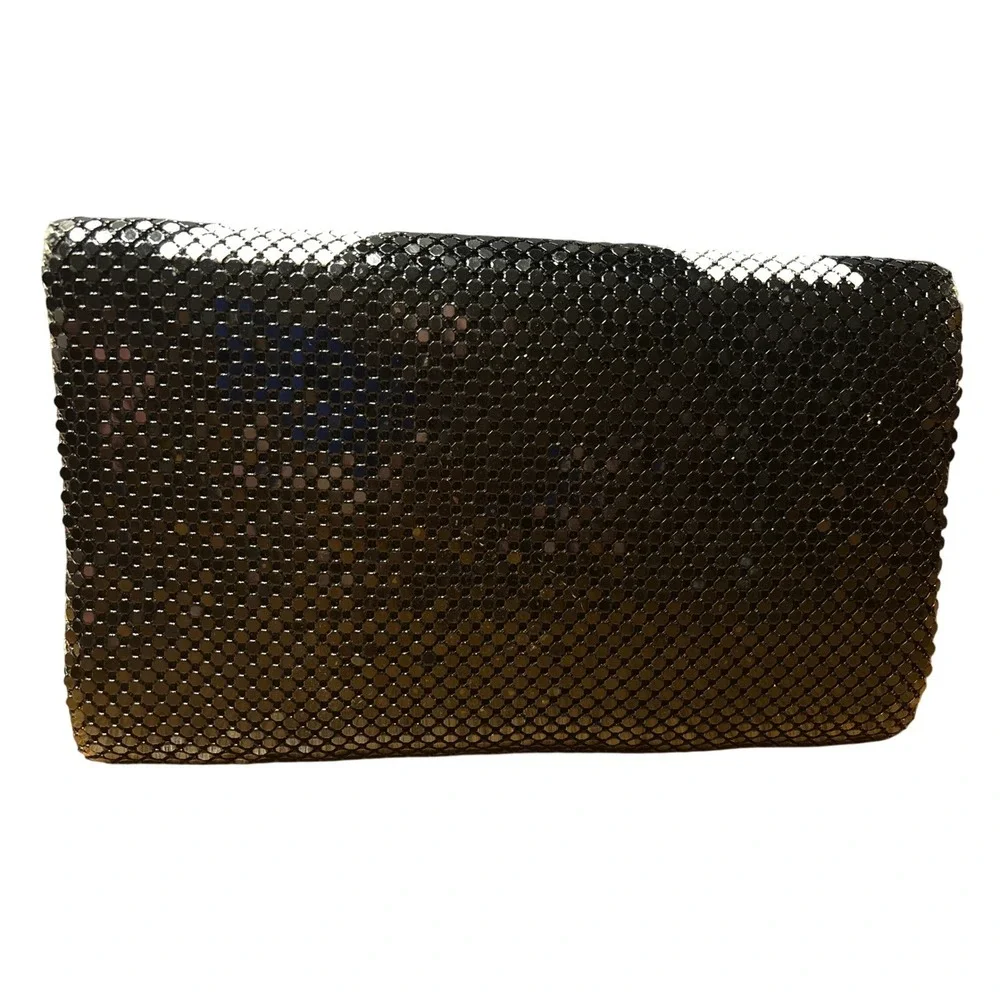 Vintage Black White Chevron Metal Mesh‎ Evening Clutch Shoulder Bag Gold Trim